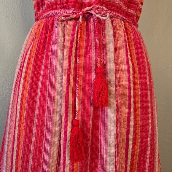 Greylin Striped Tiered Midi Sundress XS Tassel Fringe Crinkle Sleeveless Boho - Picture 6 of 14